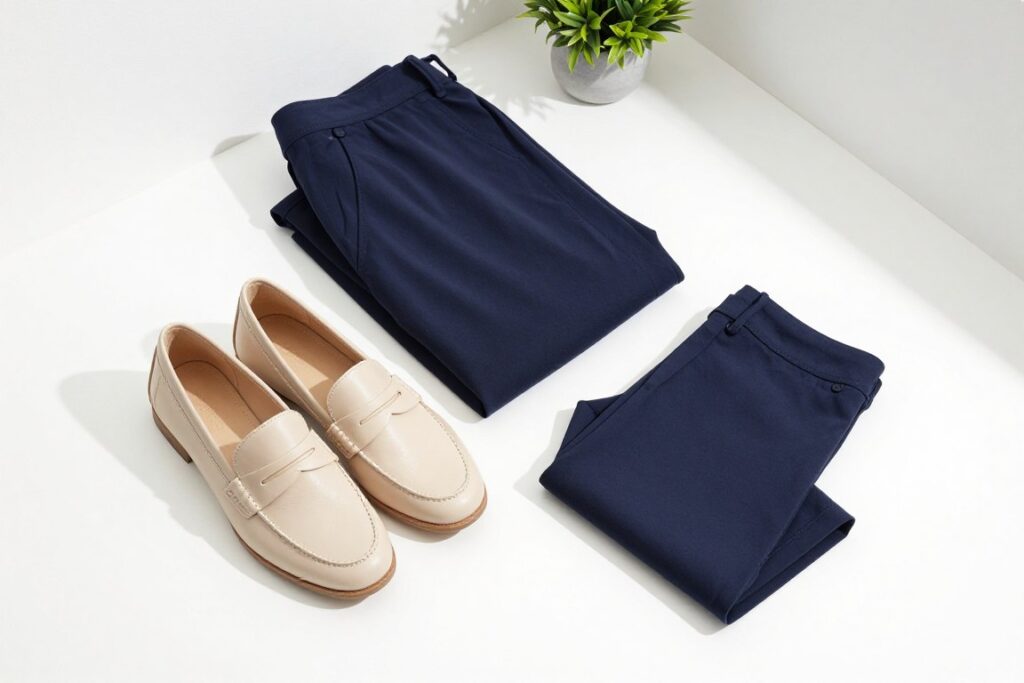 Beżowe mokasyny do granatowych spodni
