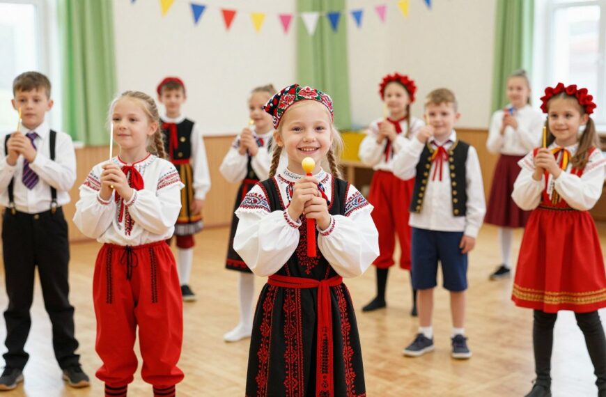 Dzieci w strojach andrzejkowych podczas zabawy w szkole