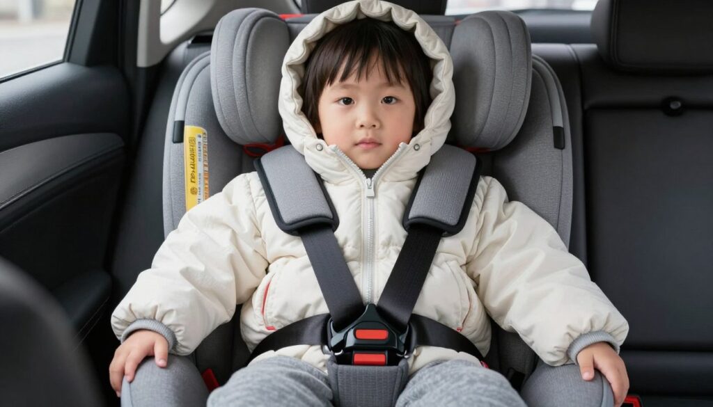 Dziecko w foteliku zimą z kurtką założoną na odwrót po zapięciu pasów