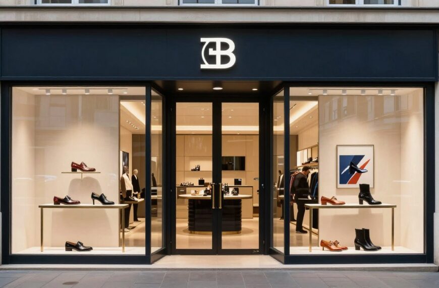 Logo firmy Bugatti buty na tle sklepu z obuwiem