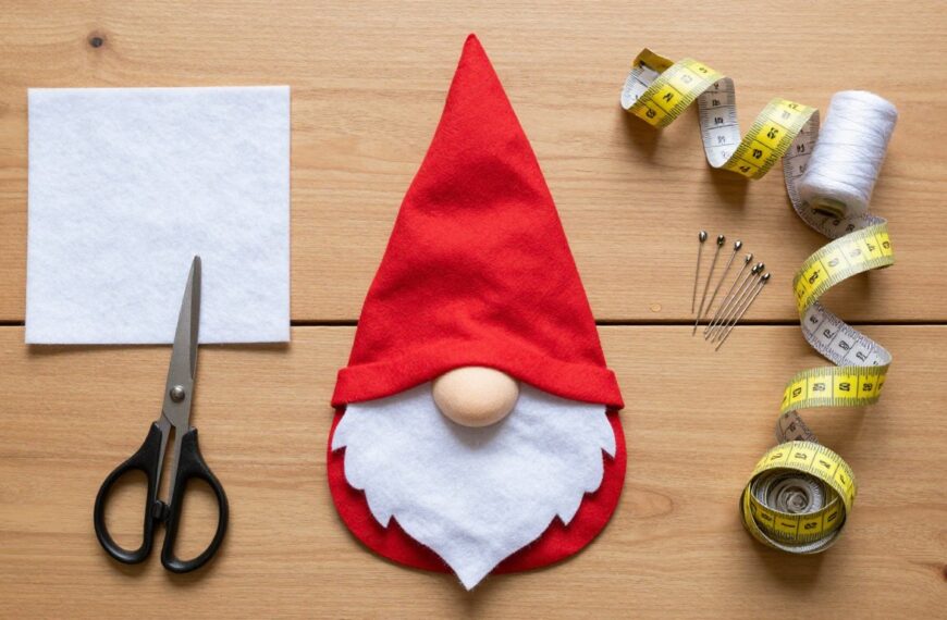 Materiały potrzebne do zrobienia czapki krasnala: tkaniny, nici, nożyczki i inne akcesoria