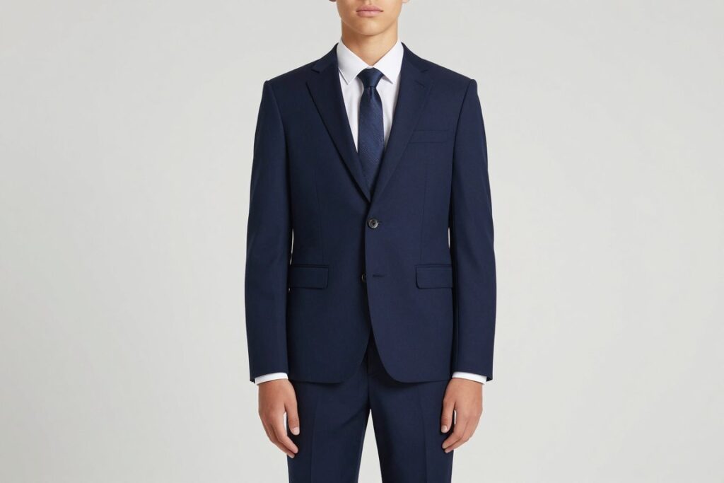 Młody mężczyzna w eleganckim garniturze na bierzmowanie