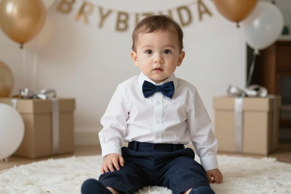 Chłopiec w eleganckim komplecie na roczek z body i spodniami