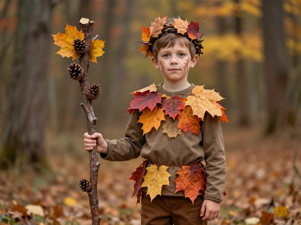 Chłopiec w stroju jesiennym z liśćmi i gałęziami