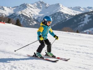 Dziecko na nartach w zimowym stroju na stoku narciarskim, sprzęt sportowy zima