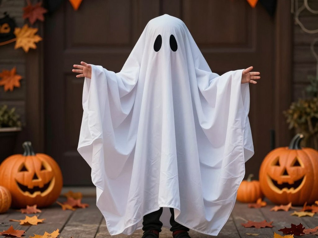 Dziecko przebrane za ducha z białego prześcieradła na Halloween