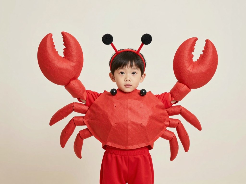 Dziecko w czerwonym kostiumie raka z dużymi szczypcami
