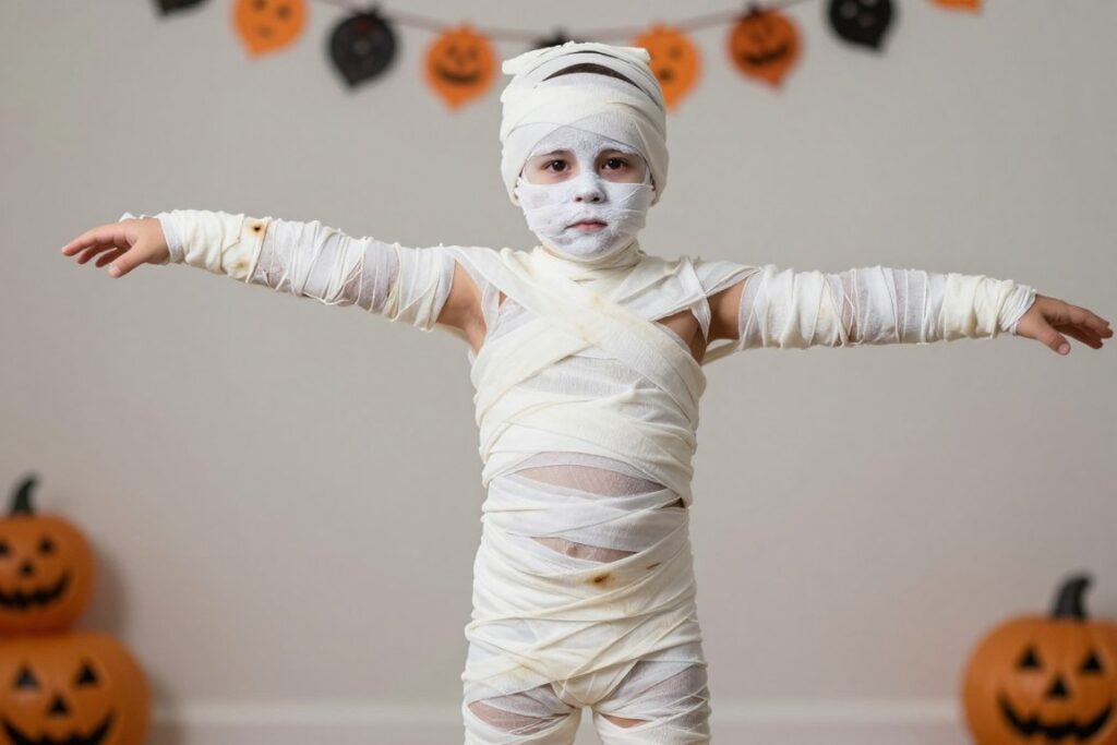 Dziecko w kostiumie mumii z bandaży na Halloween