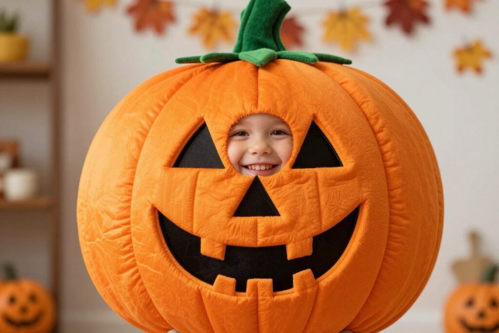 Dziecko w samodzielnie wykonanym kostiumie dyni na Halloween