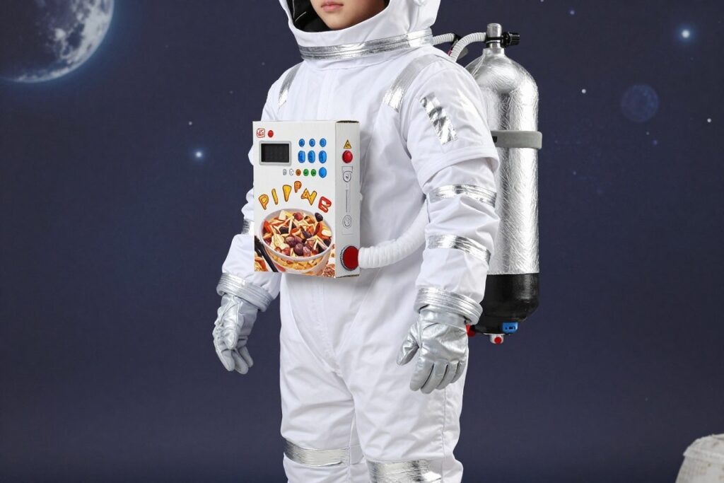 Dziecko w samodzielnie wykonanym kostiumie kosmonauty