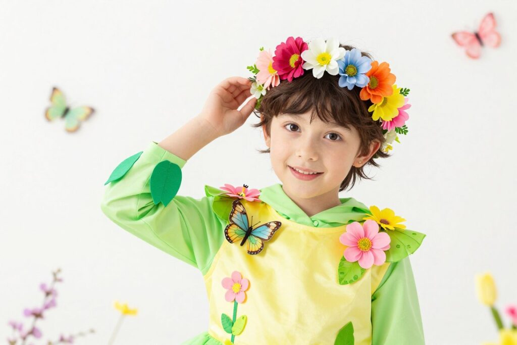 Dziecko w wiosennym stroju z kwiatami i motylami