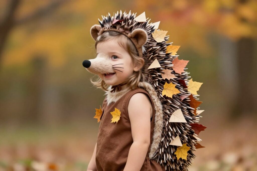 Dziewczynka w kostiumie jeża z jesiennymi liśćmi na plecach