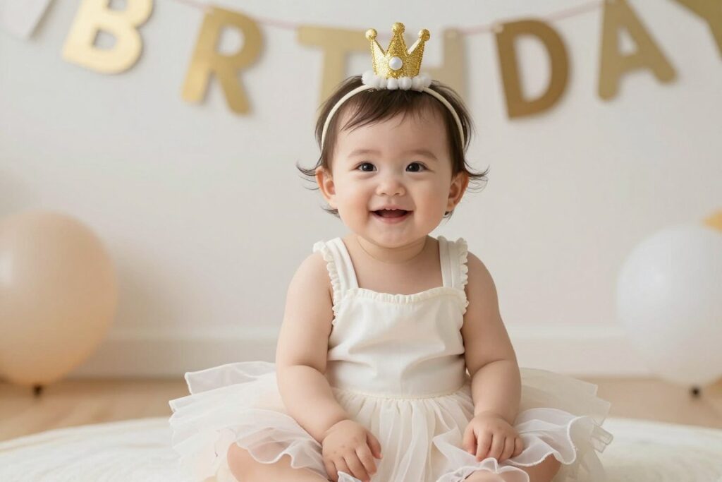 Dziewczynka w sukience z tiulem na roczek z koroną