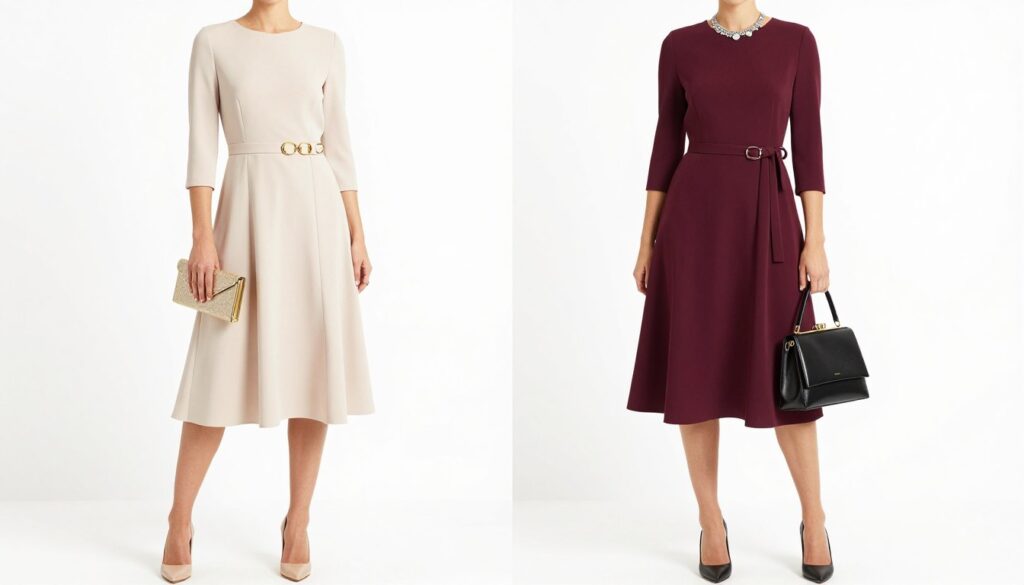 Eleganckie stylizacje z sukienką ecru i bordową z dobranymi dodatkami - pełne zestawy na różne okazje