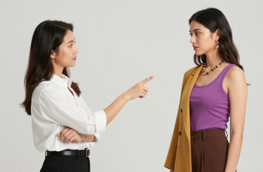 Kobieta prezentująca najczęstsze błędy w ubiorze damskim - nieodpowiedni rozmiar, niedopasowane kolory i zbyt wiele dodatków