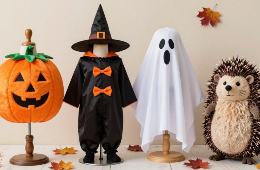 Różne kostiumy halloween i jesień dla dzieci - dynia, czarownica, duch i jeż