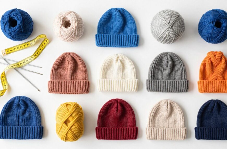 Różne rodzaje włóczki ułożone obok czapek w różnych rozmiarach i stylach