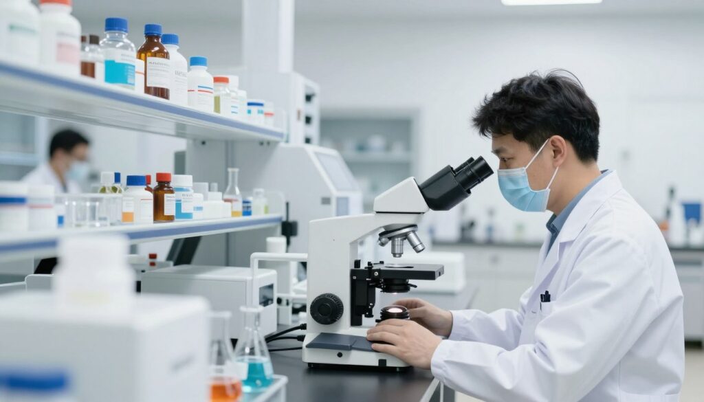 Laboratorium kontroli jakości kosmetyków z nowoczesnym sprzętem testowym