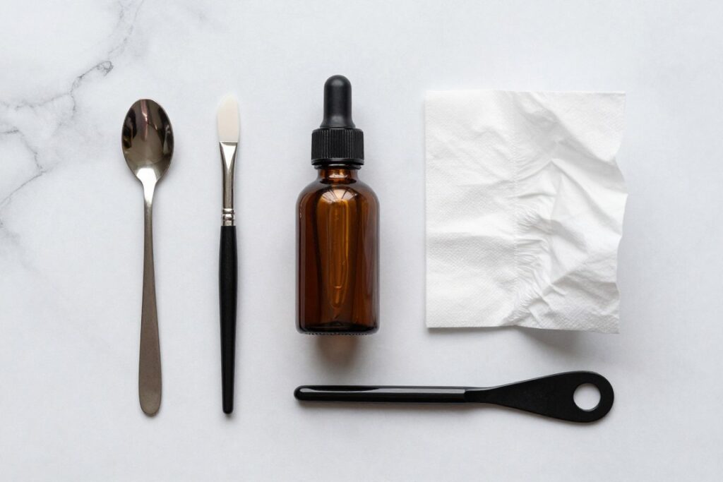 Narzędzia do naprawy cienia - spatułka, alkohol, ubijak