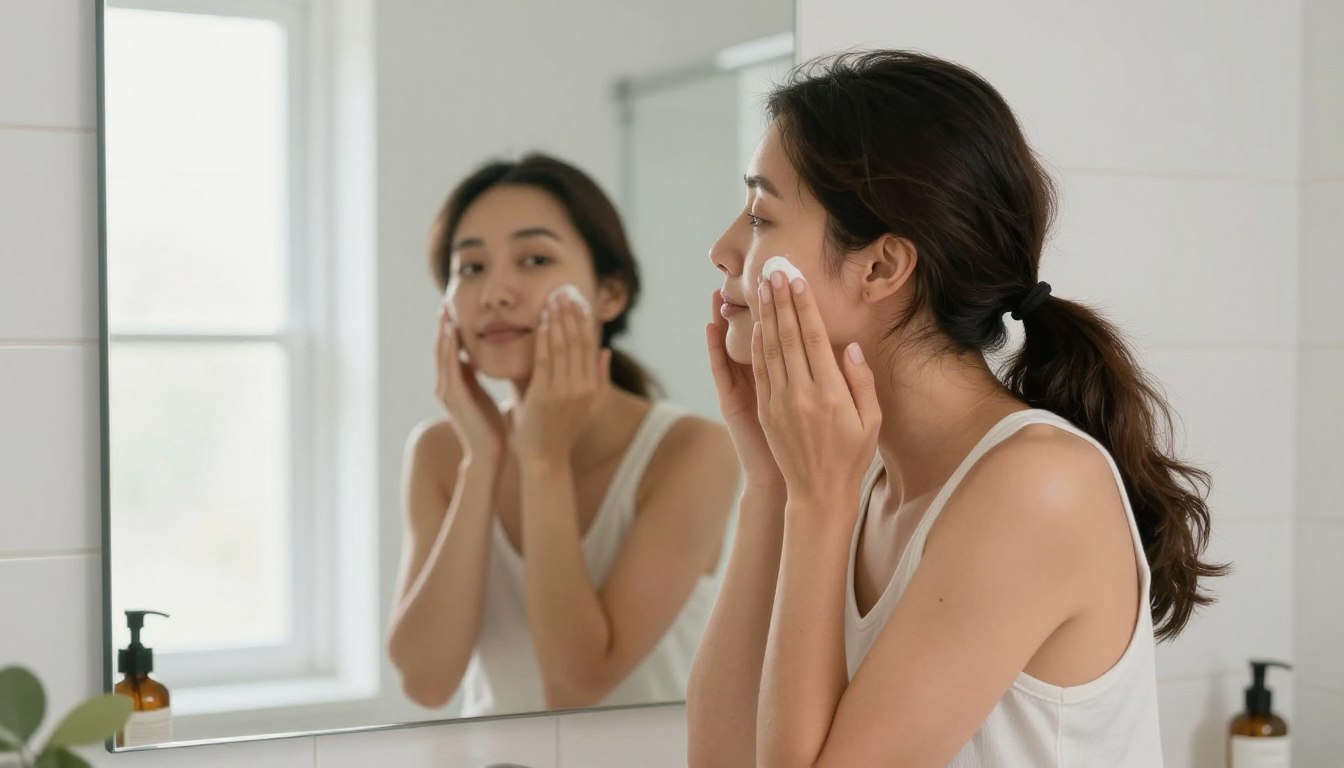 kobieta dbająca o twarz przed lustrem