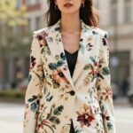kobieta w eleganckiej marynarce w kwiaty na tle miejskim