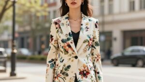 kobieta w eleganckiej marynarce w kwiaty na tle miejskim
