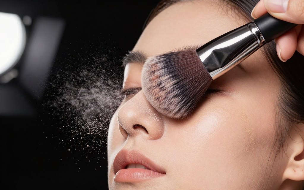 nakładanie pudru transparentnego puszystym pędzlem