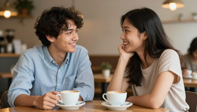 para rozmawiająca na randce w przytulnej kawiarni