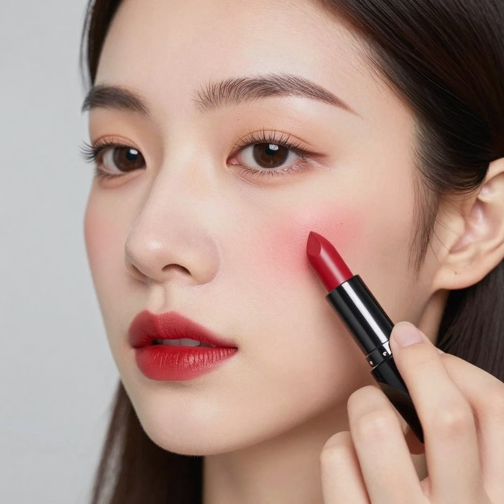 Aplikacja czerwonej szminki jako różu na policzki