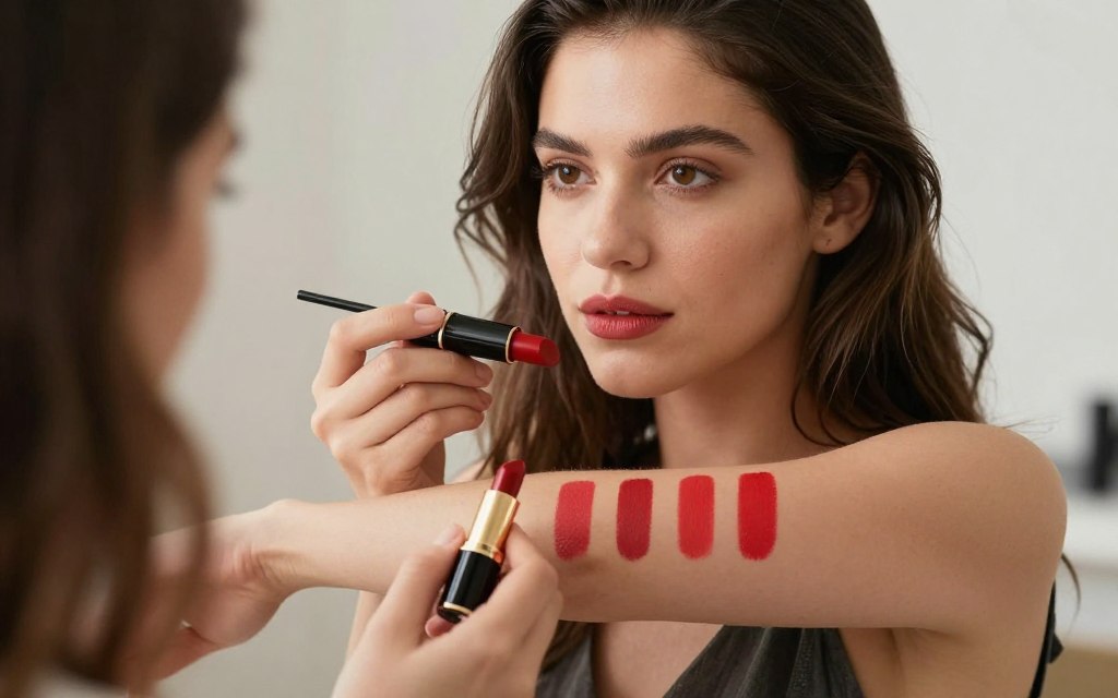Brunetka o neutralnym podtonie testująca różne odcienie czerwieni