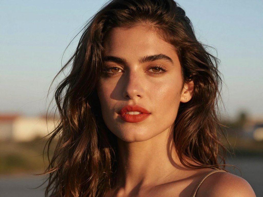 Brunetka o oliwkowej karnacji z ciepłą czerwoną szminką