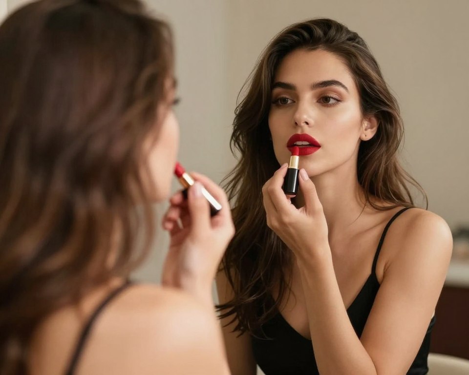 Brunetka przygotowująca się na randkę z czerwoną szminką
