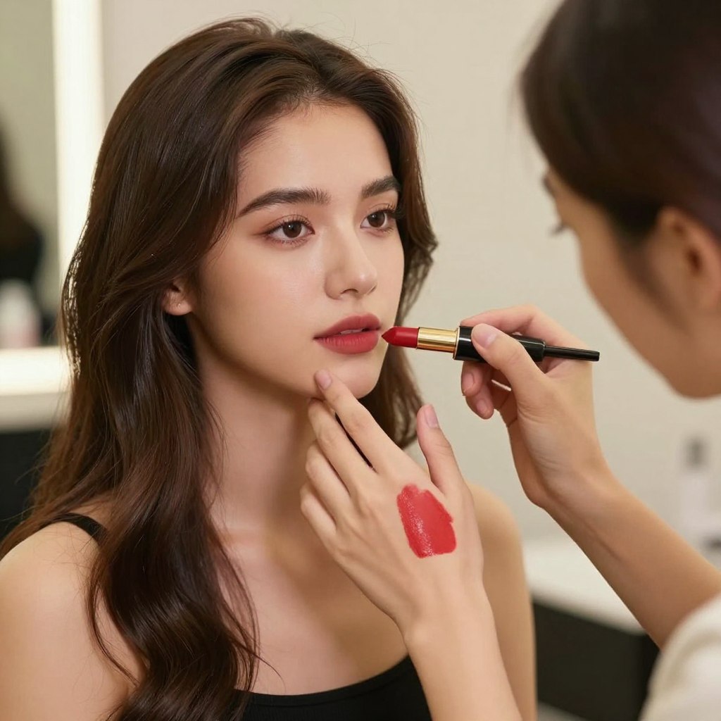 Brunetka testująca różne odcienie czerwonej szminki
