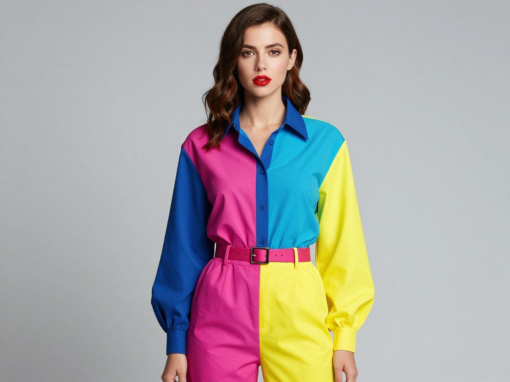 Brunetka w kolorowej stylizacji z czerwoną szminką