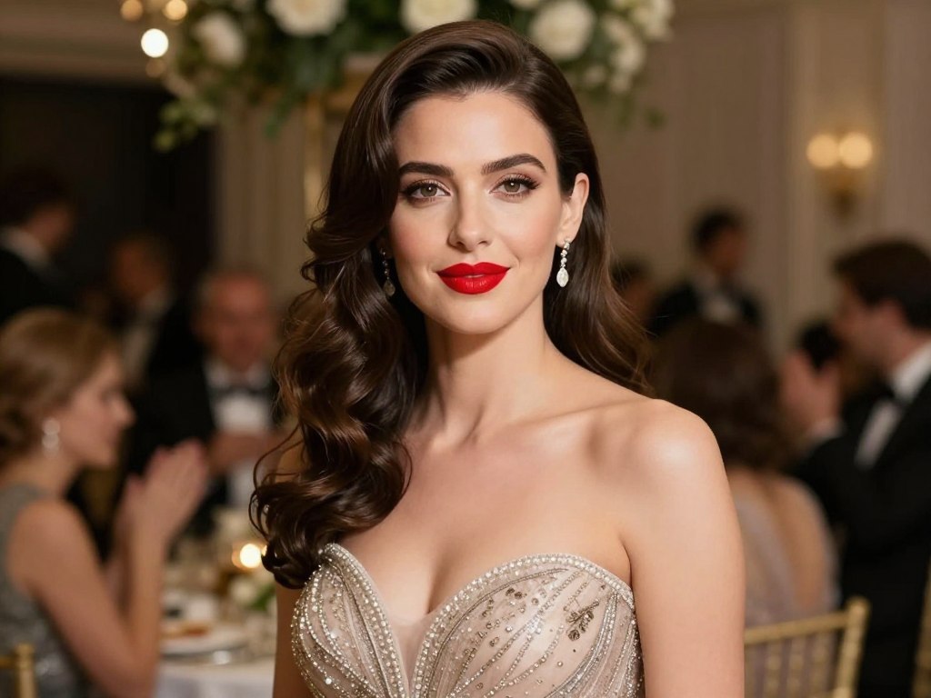 Brunetka w sukni wieczorowej z czerwoną szminką na weselu