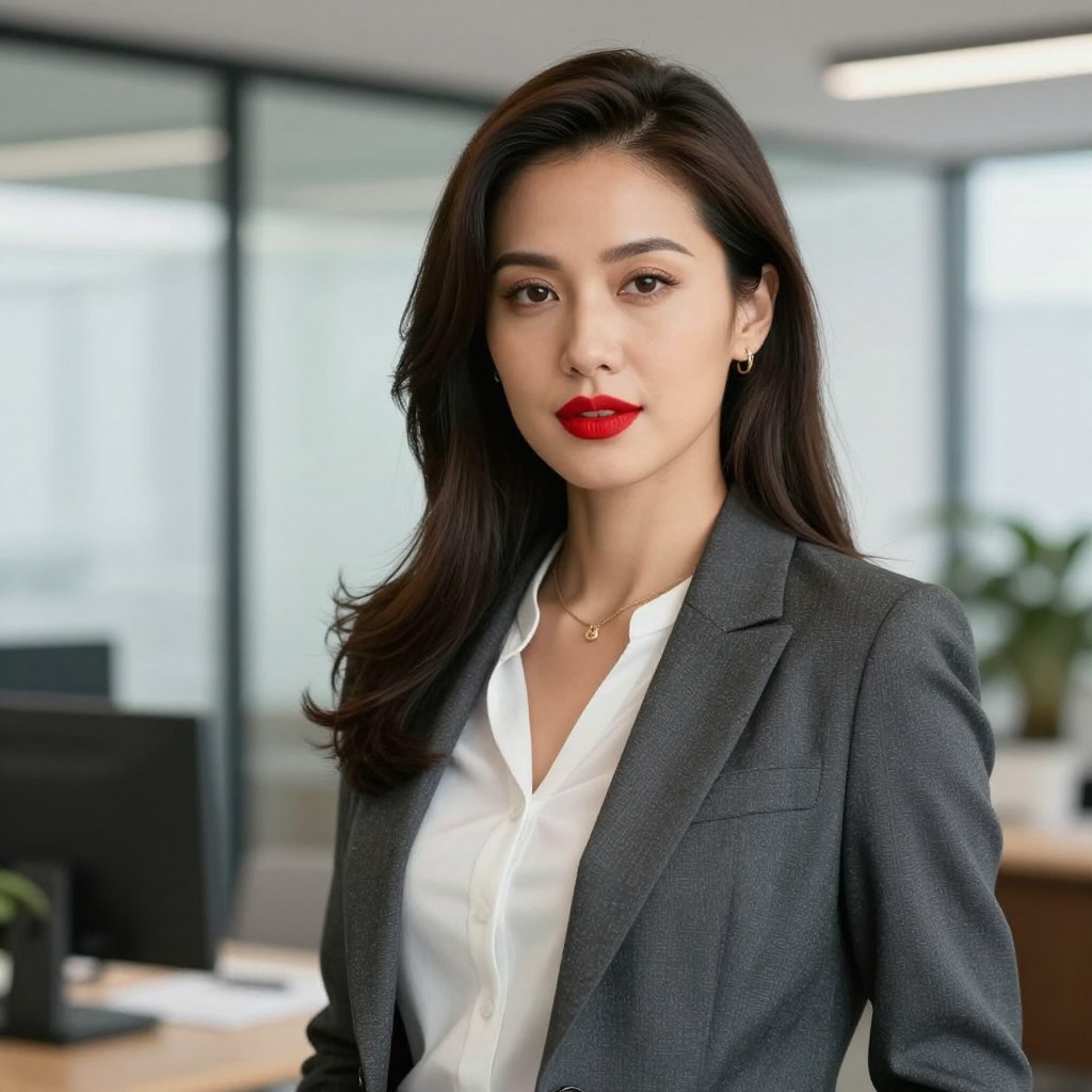 Brunetka z czerwoną szminką w biurowej stylizacji