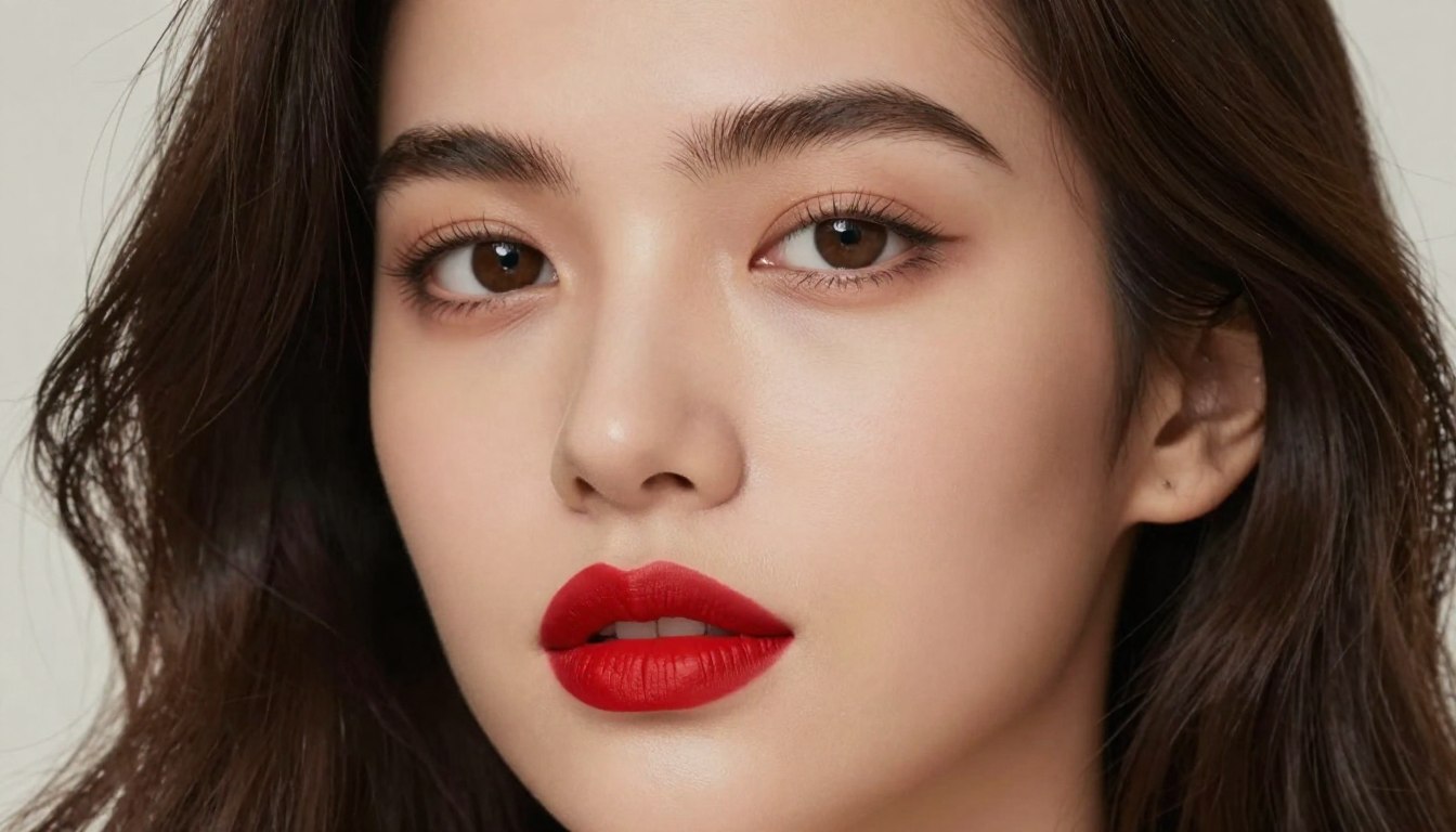 Brunetka z elegancką czerwoną szminką prezentująca klasyczny makijaż