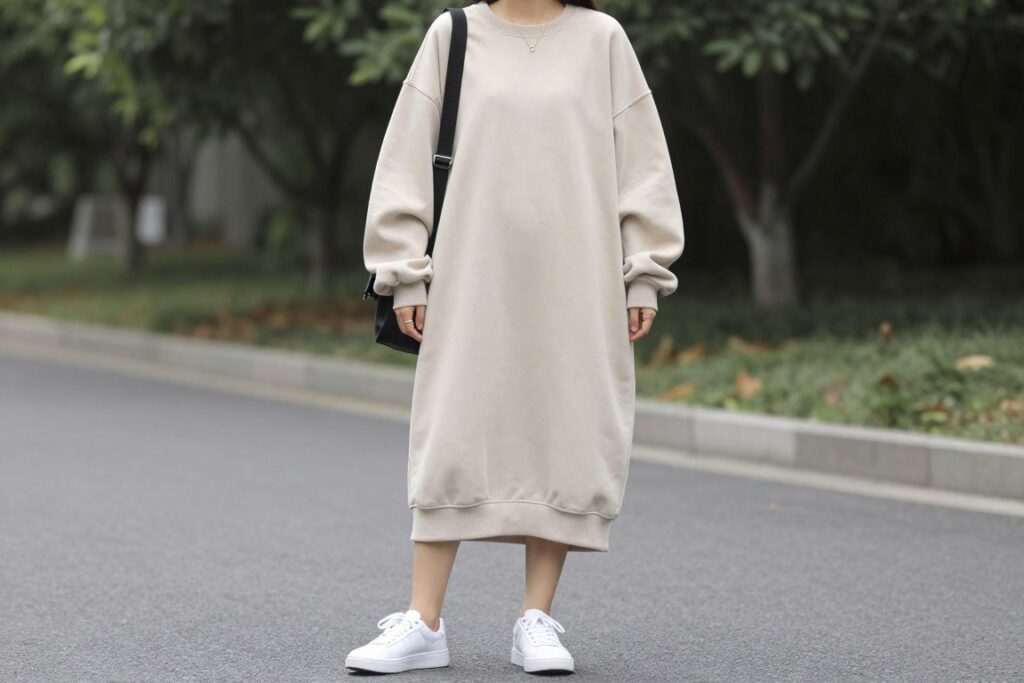 Casualowa stylizacja z sukienką dresową maxi i sneakersami Casualowa stylizacja z sukienką dresową maxi i sneakersami