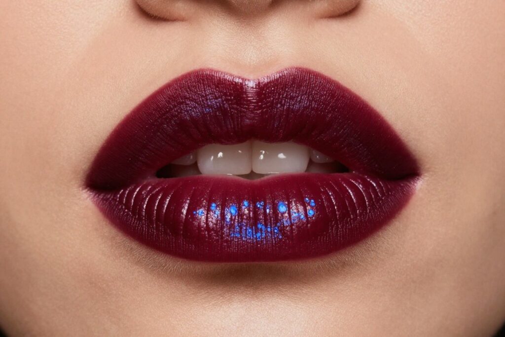 Chłodna bordowo-czerwona szminka na ustach brunetki