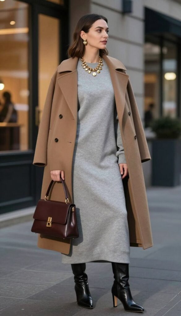 Elegancka stylizacja z sukienką dresową maxi na wieczorne wyjście Elegancka stylizacja z sukienką dresową maxi na wieczorne wyjście