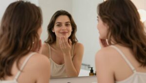 Kobieta patrząca w lustro z uśmiechem akceptacji, jak zaakceptować swój wygląd