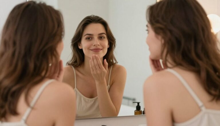 Kobieta patrząca w lustro z uśmiechem akceptacji, jak zaakceptować swój wygląd