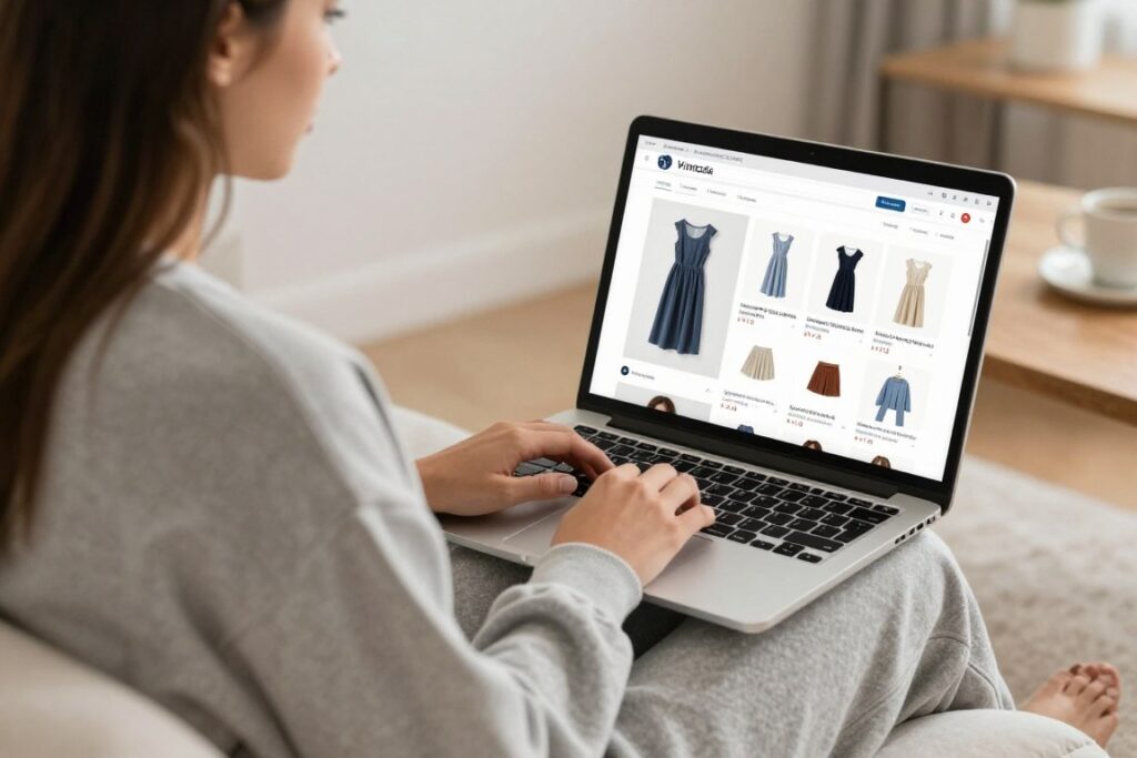 Kobieta robiąca zakupy online sukienek dresowych Kobieta robiąca zakupy online sukienek dresowych