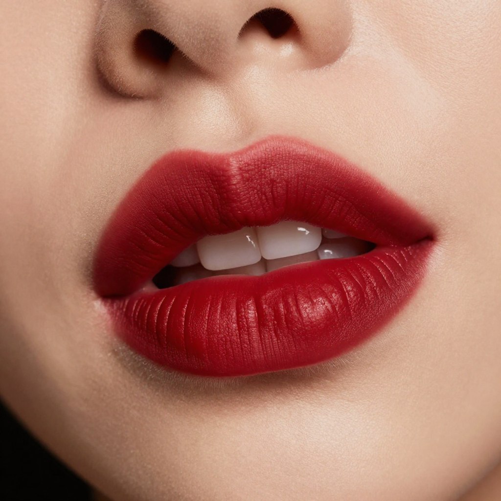 Matowa czerwona szminka na ustach brunetki