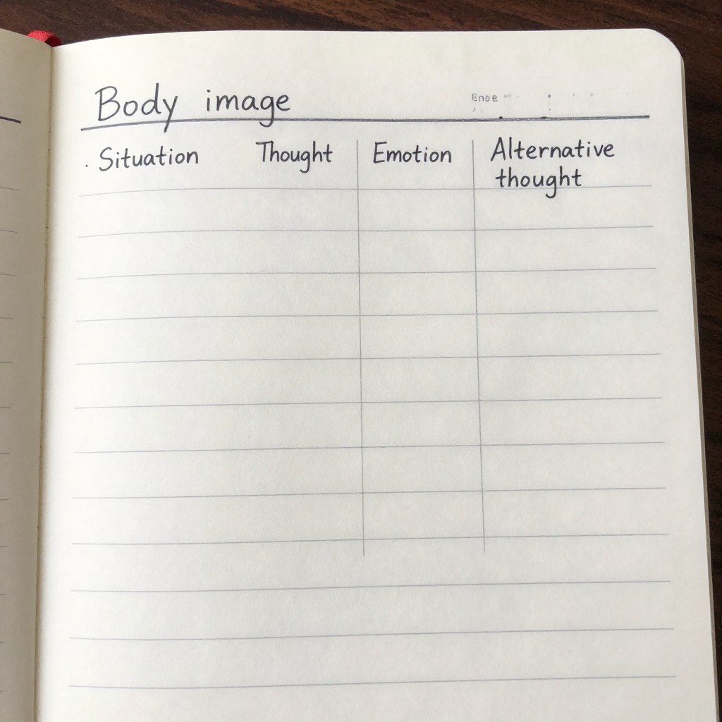 Notatnik z zapisem myśli o obrazie ciała i emocjach