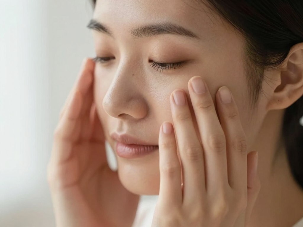 Osoba dotykająca delikatnie swojej twarzy z akceptacją, close-up