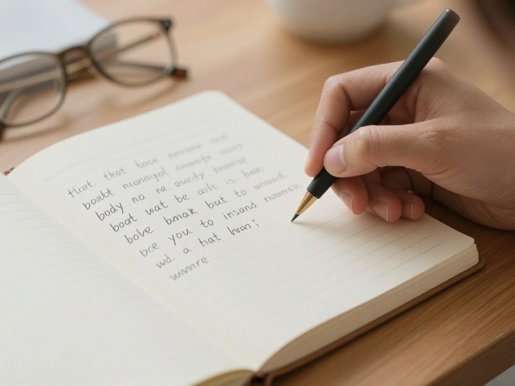 Osoba pisząca w dzienniku myśli o swoim wyglądzie i ciele