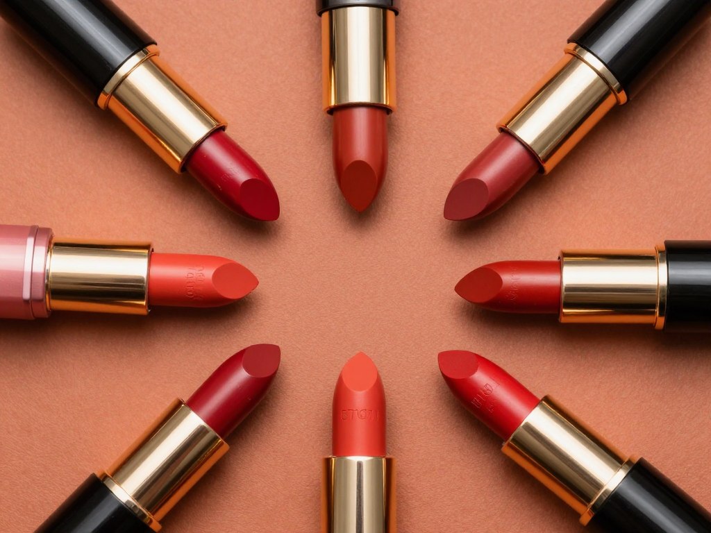 Paleta ciepłych czerwonych odcieni szminki z pomarańczowym podtonem