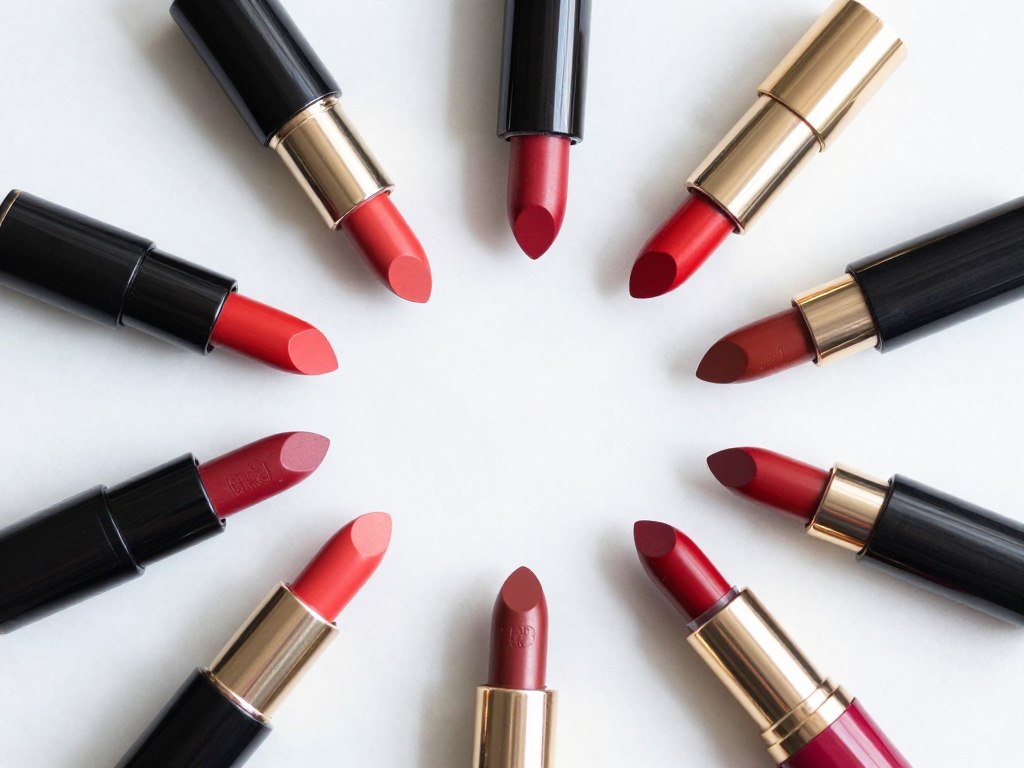 Paleta różnych odcieni czerwonej szminki dla brunetek