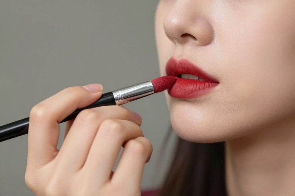 Precyzyjna aplikacja czerwonej szminki pędzlem